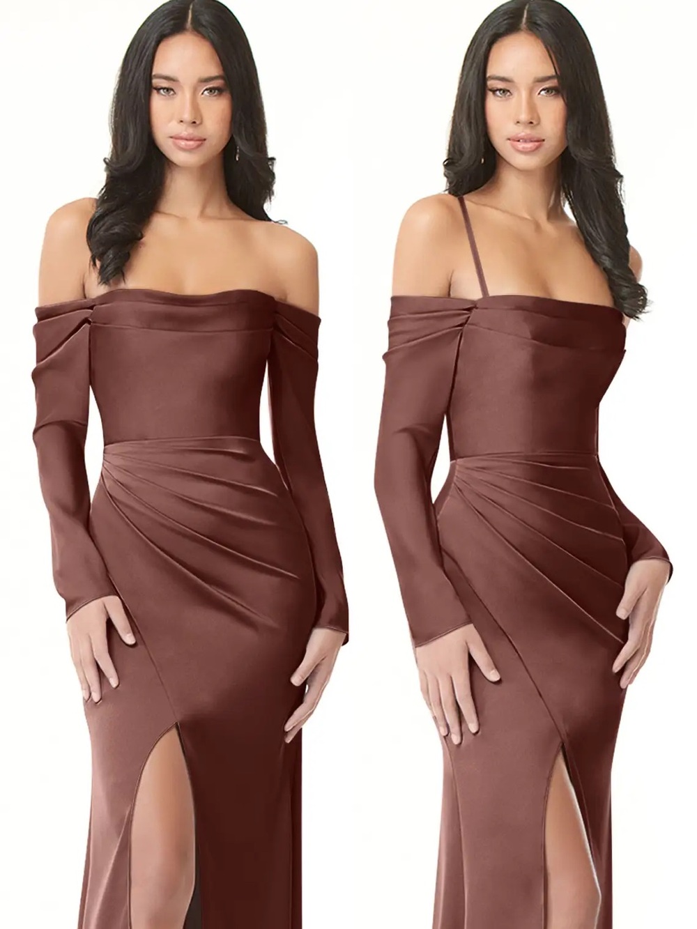 Azazie Halle Dress- Espresso- Off-Shoulder Brown Evening Gown with Front Slit
